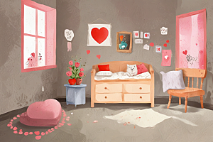 标题：浪漫满屋，甜蜜情人节布置插画图片