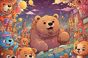 色彩斑斓熊头像插画图片