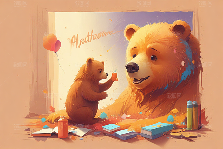 色彩斑斓熊头像插画图片