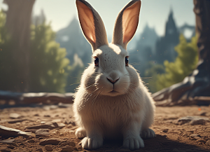 森林中的白色小兔自然美景瞬间捕捉插画图片