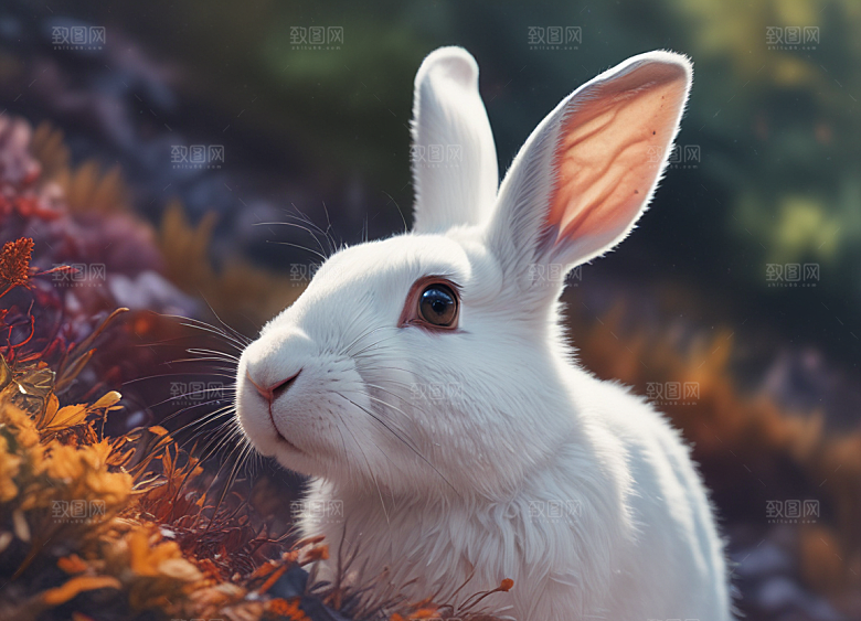 森林中的白色小兔自然美景瞬间捕捉插画图片