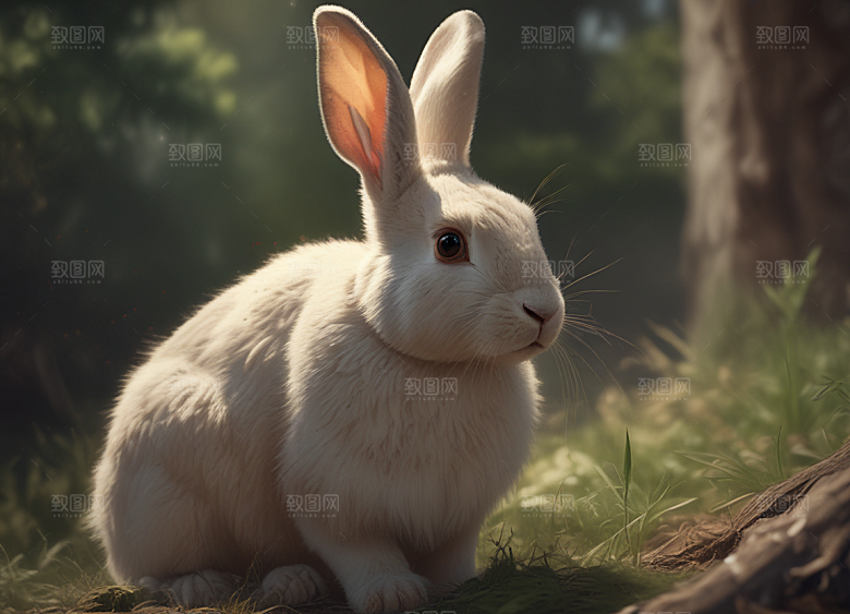 森林中的白色小兔自然美景瞬间捕捉插画图片