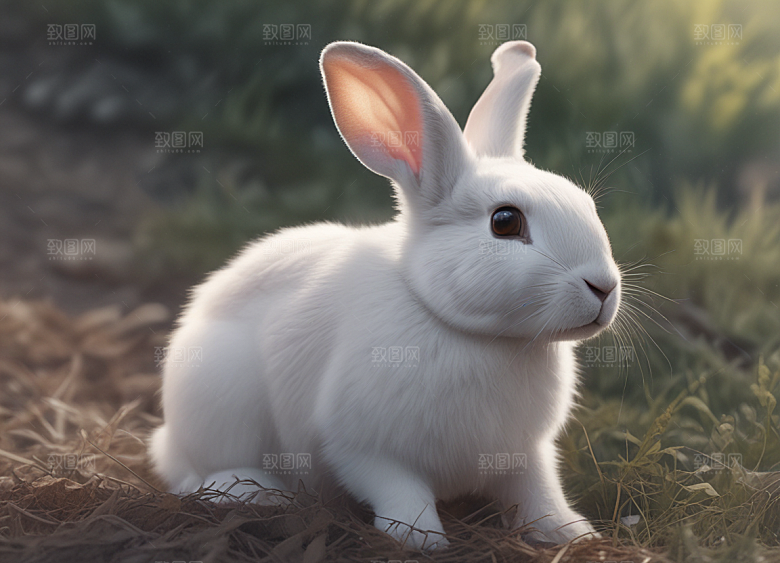 森林中的白色小兔自然美景瞬间捕捉插画图片