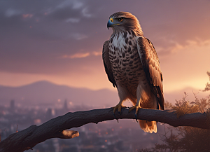 鹰眼在夕阳下俯瞰城市图片