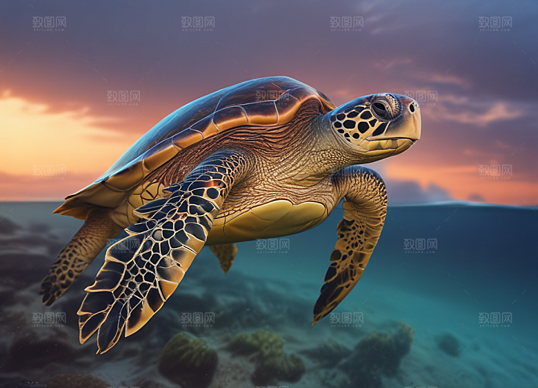 标题：海洋中的海龟生态图片