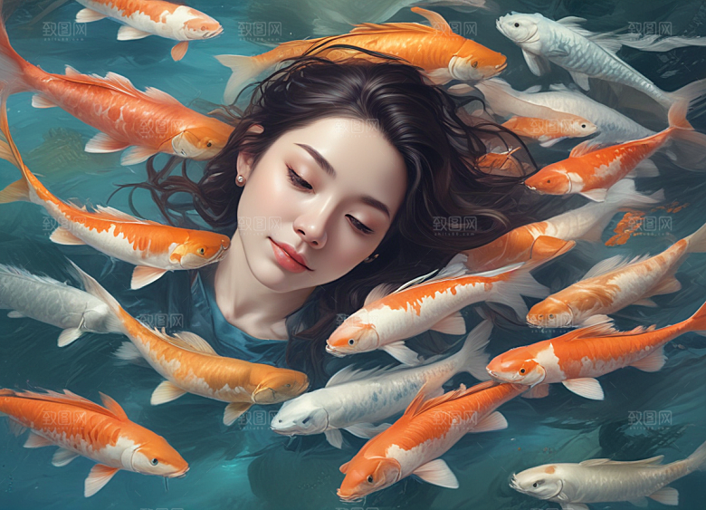 古风美女与锦鲤共舞图片