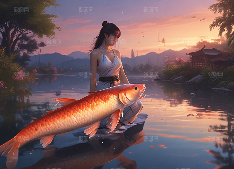 古风美女与锦鲤共舞图片