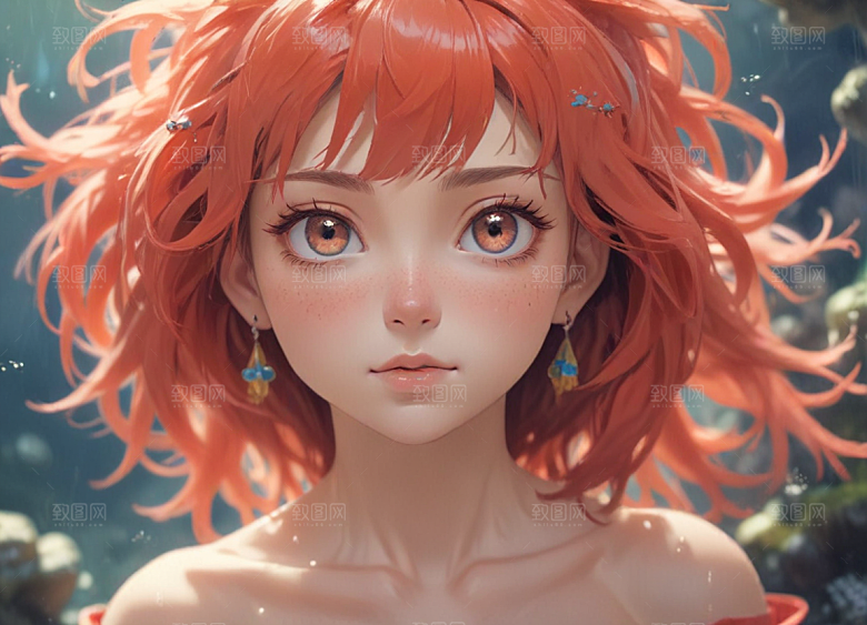 红发少女珊瑚海中美景侧颜图片