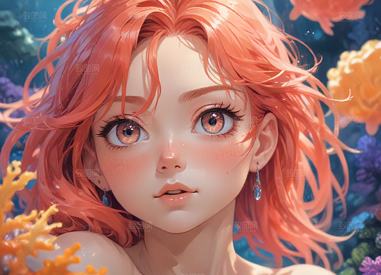 红发少女珊瑚海中美景侧颜图片