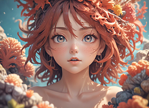 红发少女珊瑚海中美景侧颜图片