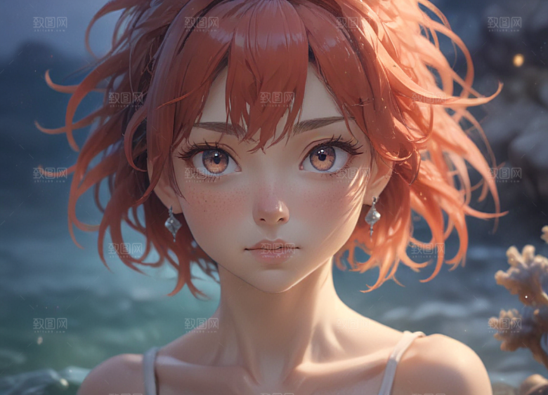 红发少女珊瑚海中美景侧颜图片