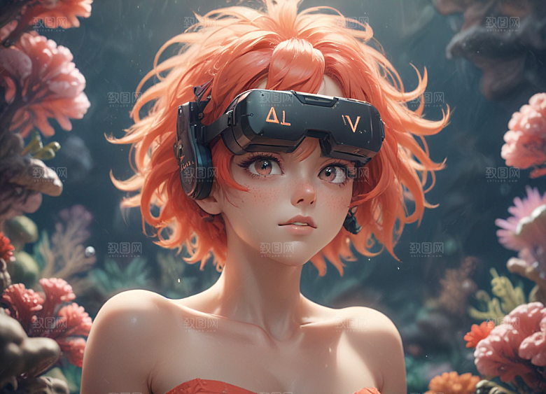 红发少女珊瑚海中美景侧颜图片