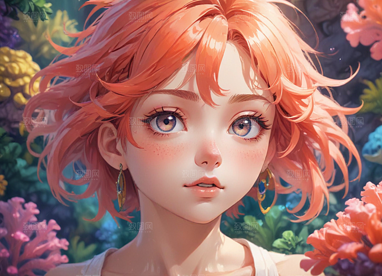 红发少女珊瑚海中美景侧颜图片