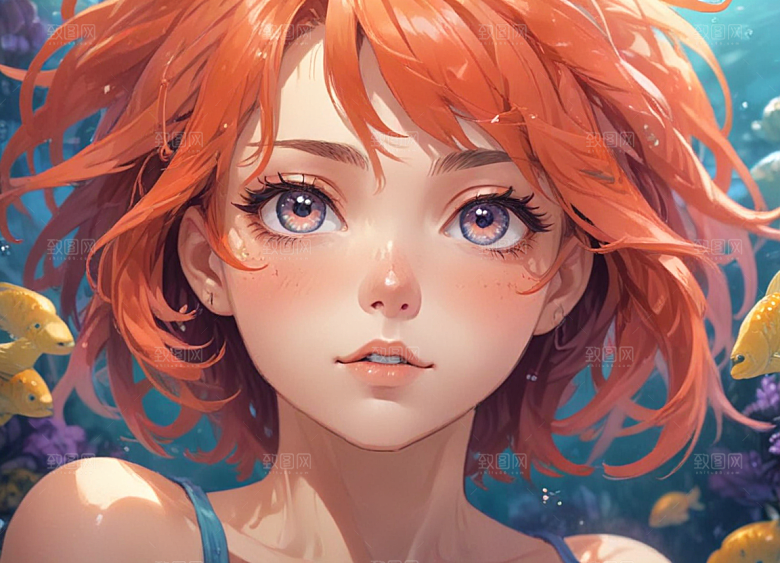 红发少女珊瑚海中美景侧颜图片