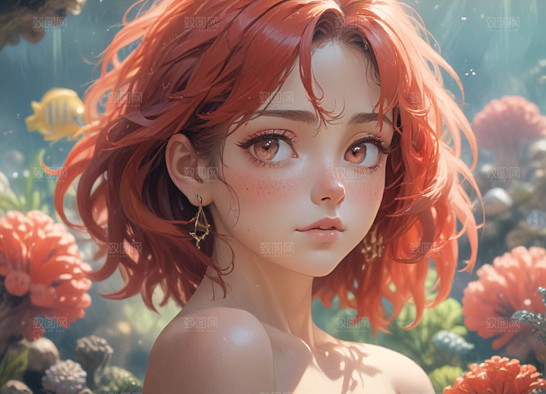 红发少女珊瑚海中美景侧颜图片