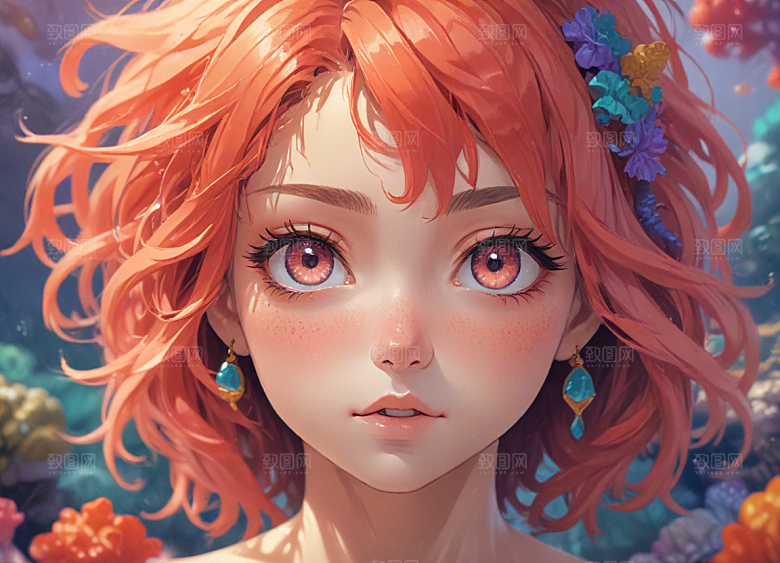 红发少女珊瑚海中美景侧颜图片