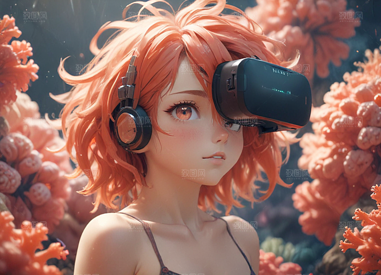 红发少女珊瑚海中美景侧颜图片