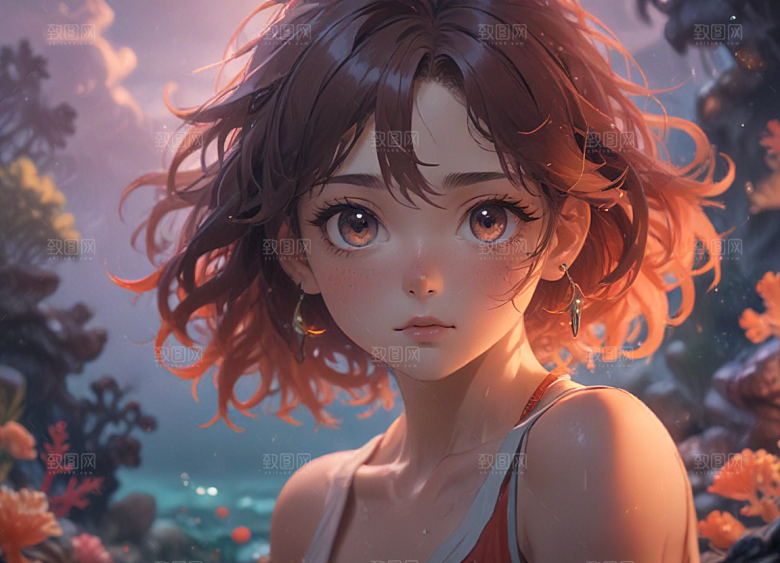 红发少女珊瑚海中美景侧颜图片