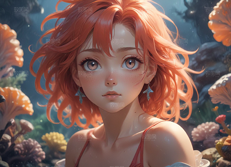 红发少女珊瑚海中美景侧颜图片