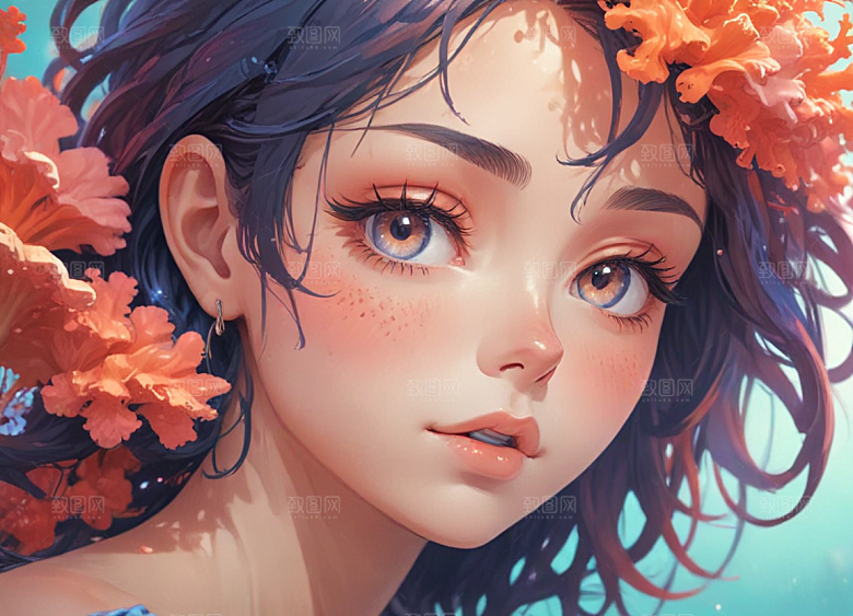 红发少女珊瑚海中美景侧颜图片