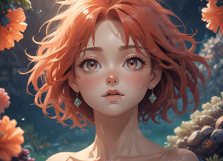 红发少女珊瑚海中美景侧颜图片