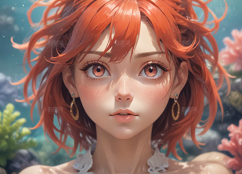 红发少女珊瑚海中美景侧颜图片