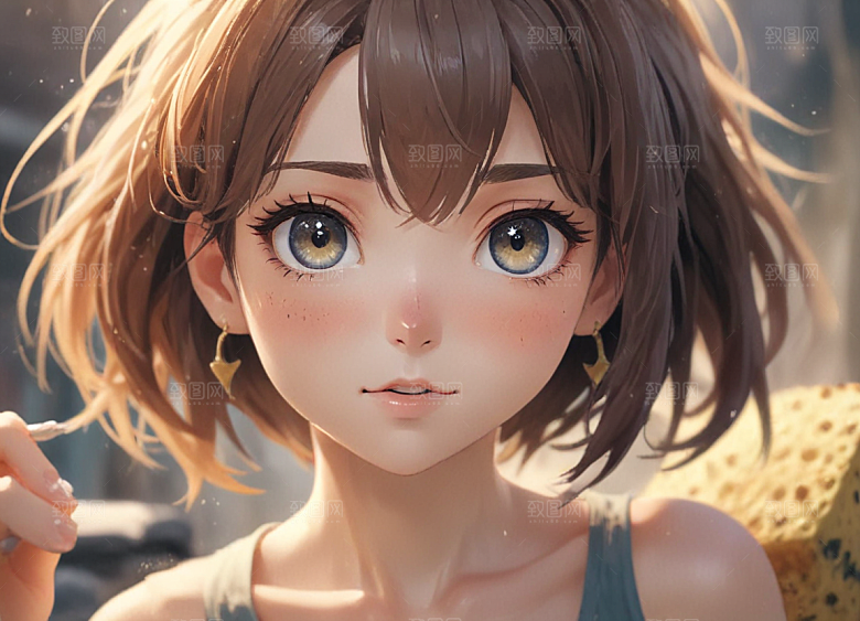 短卷发蓝眼女孩拿书四周水和鱼图片