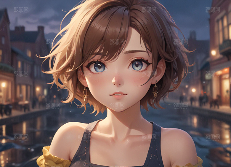 短卷发蓝眼女孩拿书四周水和鱼图片
