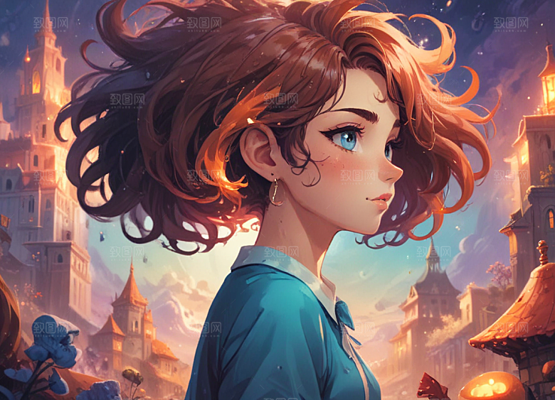 短卷发蓝眼女孩拿书四周水和鱼图片
