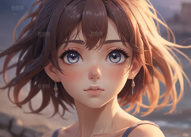 短卷发蓝眼女孩拿书四周水和鱼图片