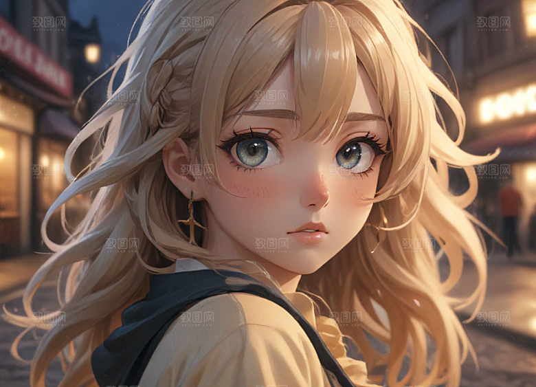 短卷发蓝眼女孩拿书四周水和鱼图片