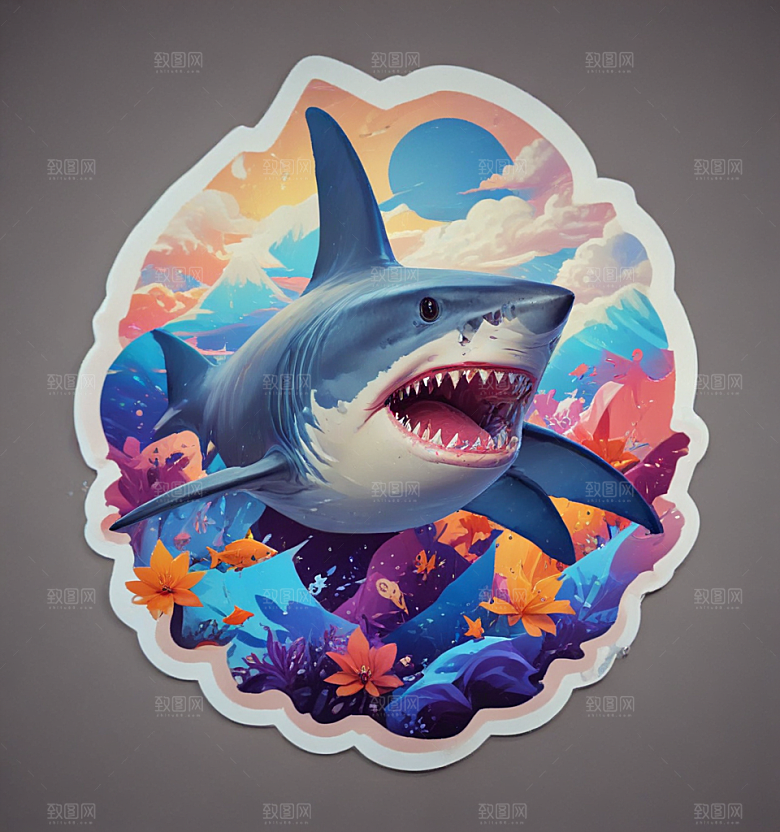 海洋生物3D插画设计鲨鱼图片