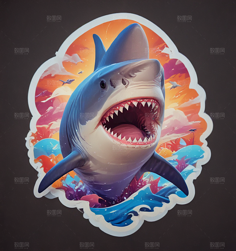 海洋生物3D插画设计鲨鱼图片