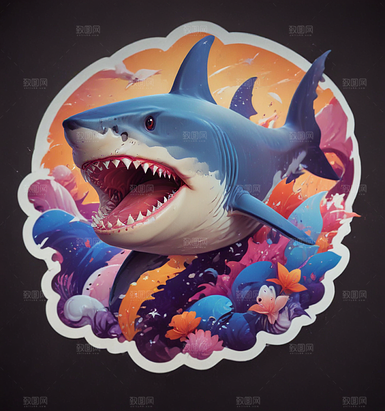 海洋生物3D插画设计鲨鱼图片