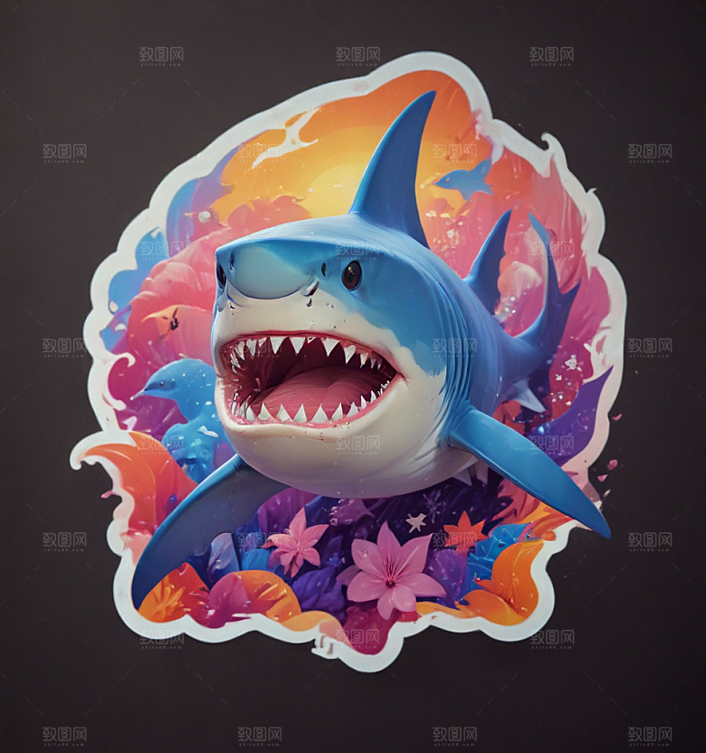 海洋生物3D插画设计鲨鱼图片