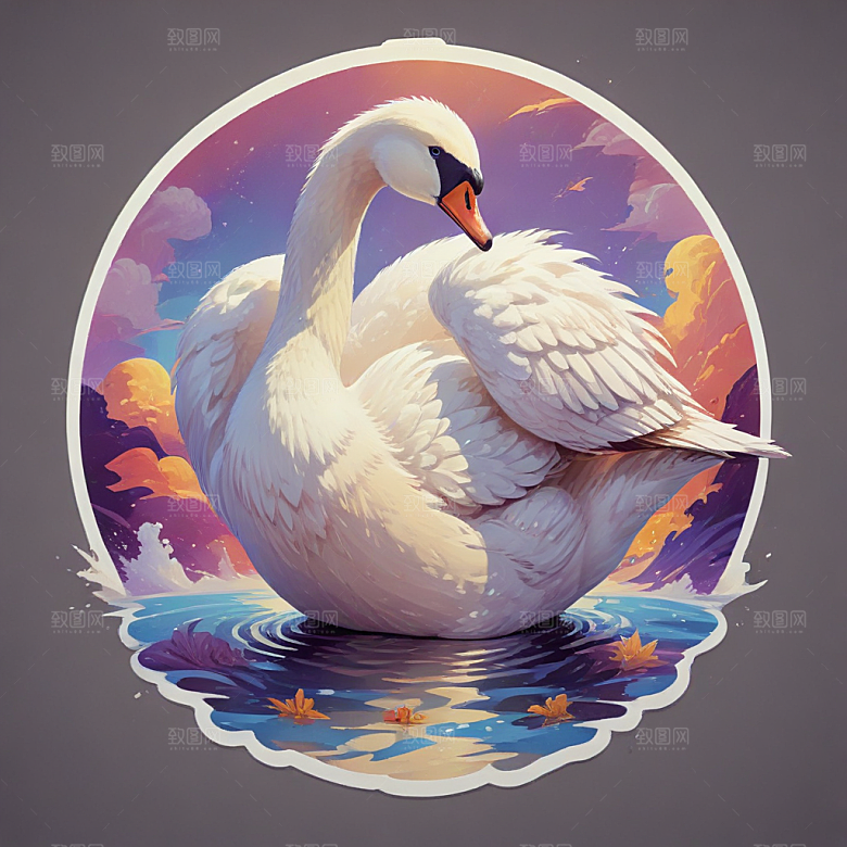 优雅天鹅插画展现梦幻华丽场景图片