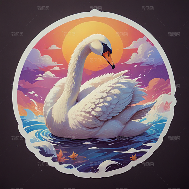 优雅天鹅插画展现梦幻华丽场景图片
