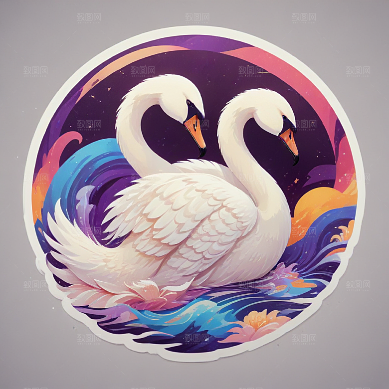 优雅天鹅插画展现梦幻华丽场景图片