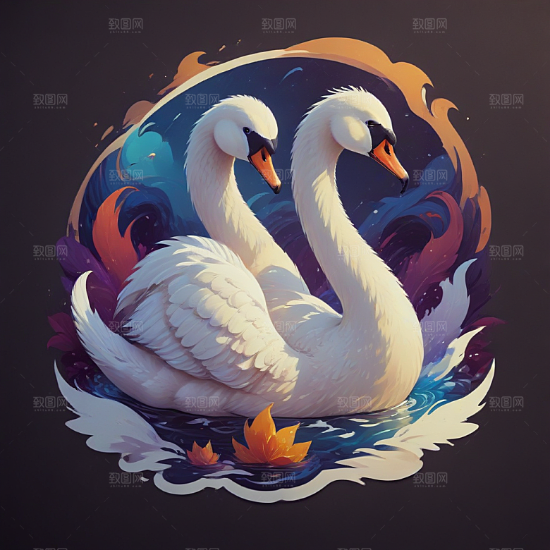 优雅天鹅插画展现梦幻华丽场景图片