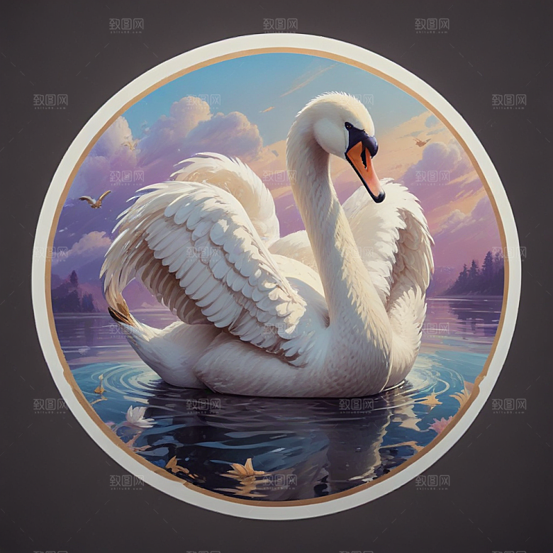 优雅天鹅插画展现梦幻华丽场景图片