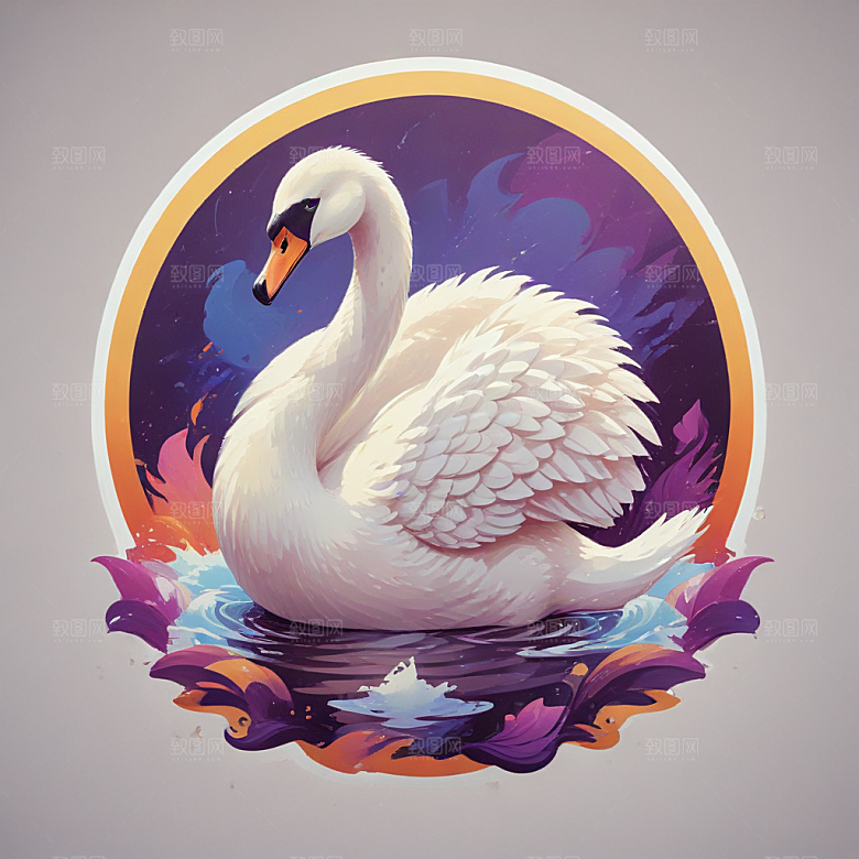 优雅天鹅插画展现梦幻华丽场景图片