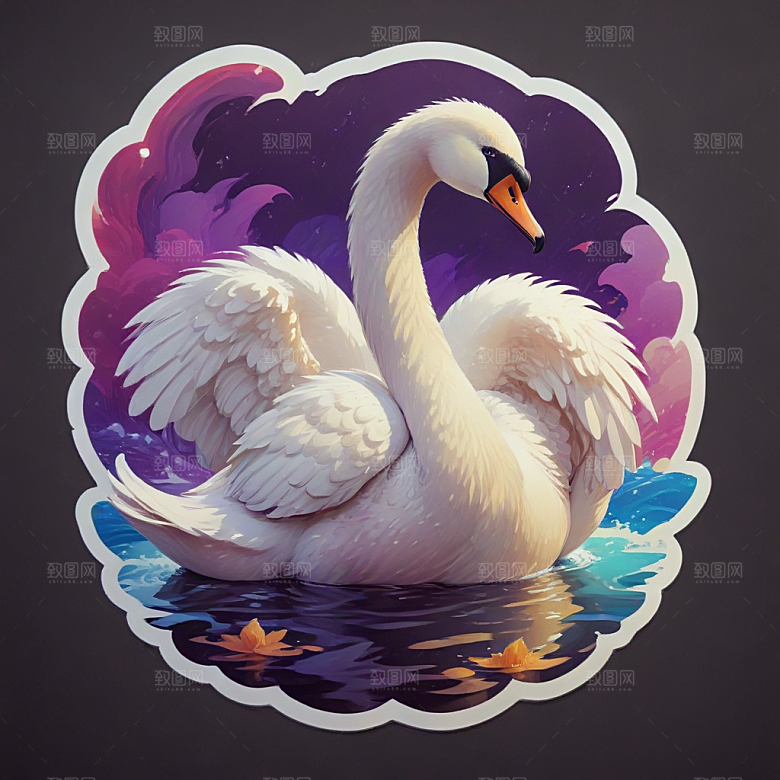 优雅天鹅插画展现梦幻华丽场景图片