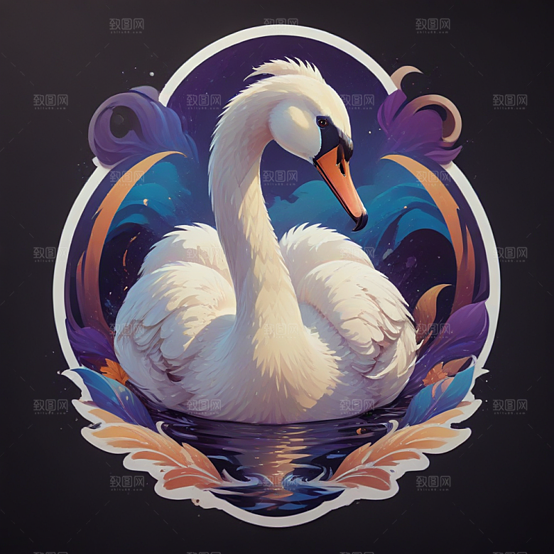 优雅天鹅插画展现梦幻华丽场景图片
