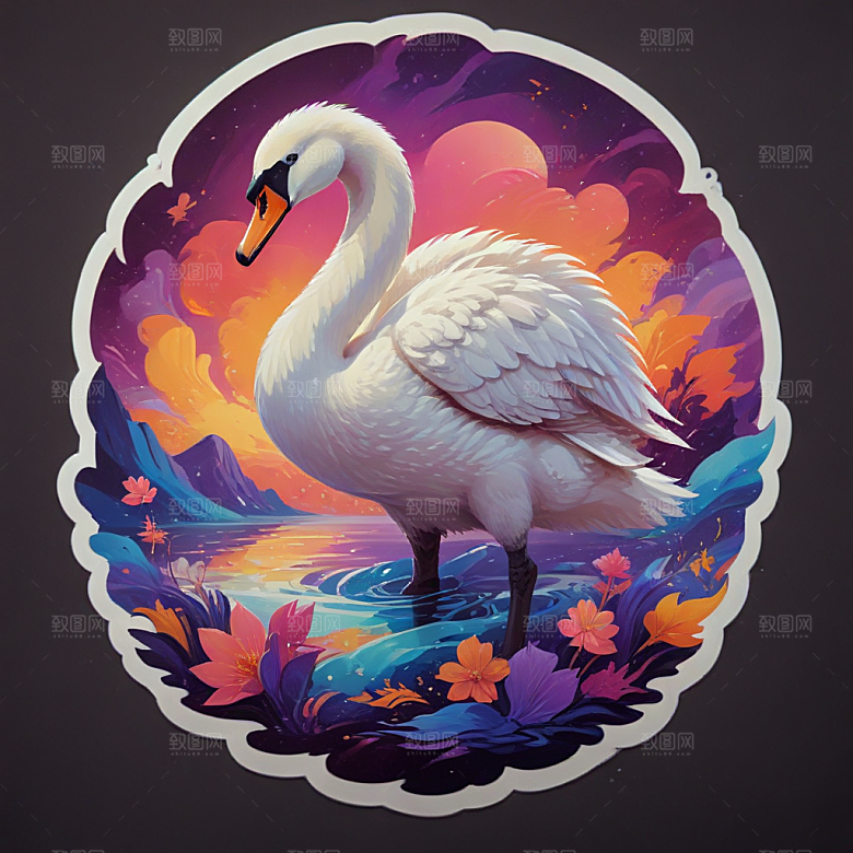 优雅天鹅插画展现梦幻华丽场景图片