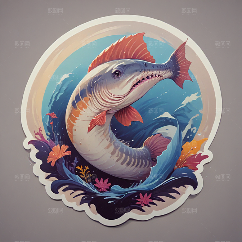 鲜艳色彩鲟鱼插画圆形构图图片