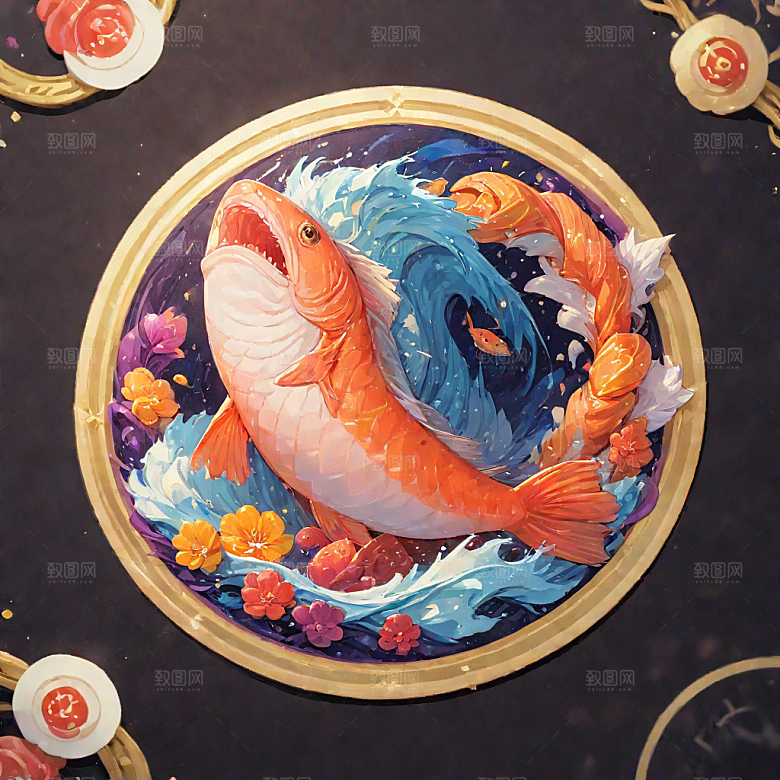传统风格彩色鲑鱼圆形构图插画图片