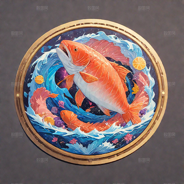 传统风格彩色鲑鱼圆形构图插画图片