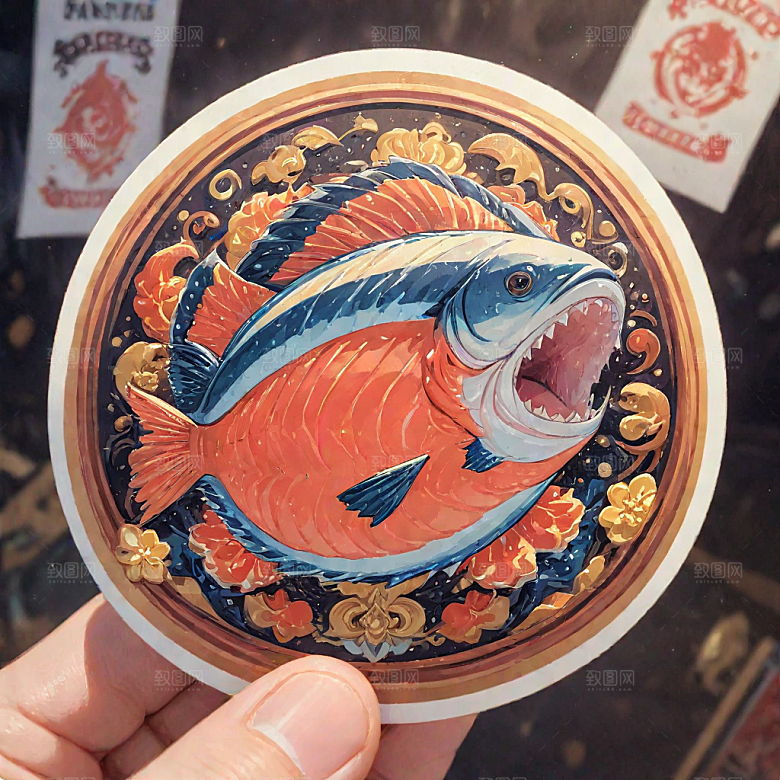 传统风格彩色鲑鱼圆形构图插画图片