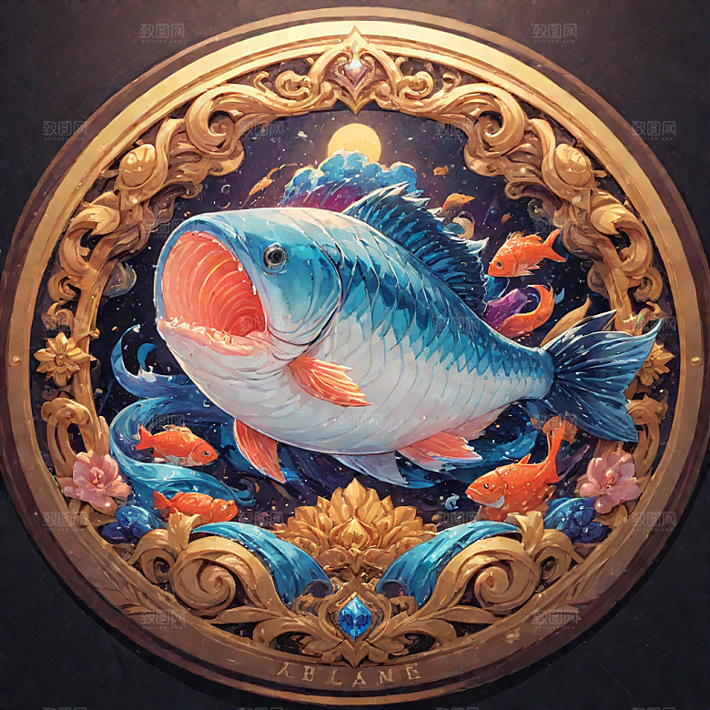 传统风格彩色鲑鱼圆形构图插画图片