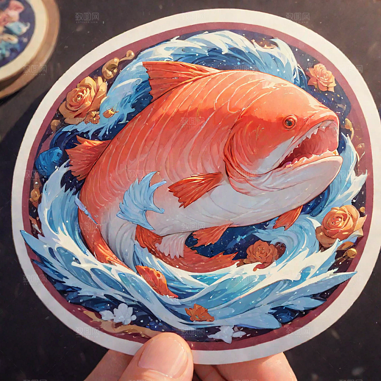 传统风格彩色鲑鱼圆形构图插画图片
